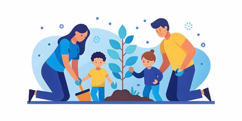 Inspiring Soft Focused Digital Art of a Family Volunteering Together, Planting Trees and Helping at Community Center with Abstract Backgrounds and Bokeh Effects in Photo Stock Concept