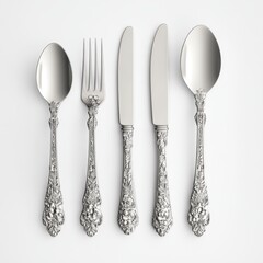 A set of elegant silver utensils arranged for dining.