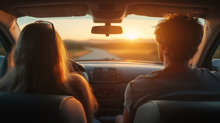 Fototapeta premium Man and woman traveling in car, sitting in car driving to travel destination
