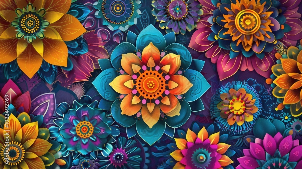 Wall mural A stunning array of floral mandalas bursts with color, featuring intricate patterns and details that celebrate nature's beauty and creativity. Generative AI