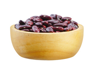 Red bean in wooden bowl isolated on white background.