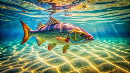 Naklejka premium Vintage Style Photography of a Fish Gliding Through Crystal Clear Water in a Serene Underwater Landscape