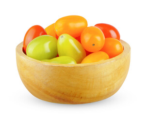 tomato vegetable in wooden bowl isolated on white background.