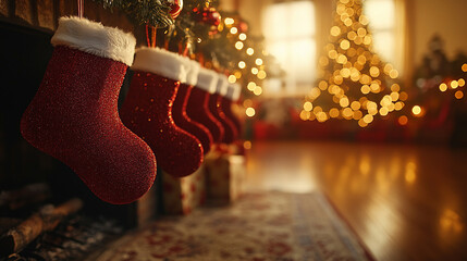 cozy fireplace adorned with empty Christmas stockings, symbolizing anticipation and the spirit of giving during the festive season, inviting warmth and joy into the holiday atmosphere