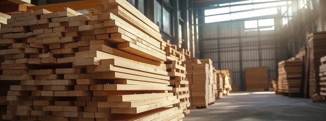 Obraz premium Vibrant, high-resolution footage of stacked pine planks in an industrial warehouse setting. 