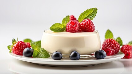 A serving of creamy panna cotta topped with fresh berries and a mint leaf, isolated on white background.-