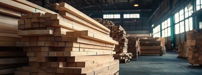 Obraz premium Vibrant, high-resolution footage of stacked pine planks in an industrial warehouse setting. 