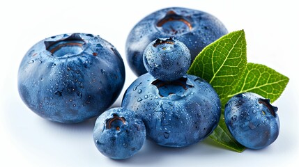 Obraz premium Fresh Blueberries with Dew Drops and Green Leaf