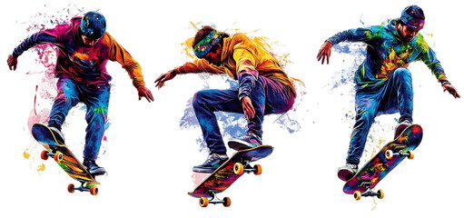 three set of Vibrant skateboard with artistic designs isolated transparent background