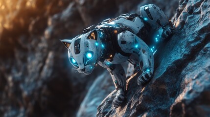 A futuristic robotic lynx climbing a rocky cliff, its glowing eyes scanning the terrain, with precision