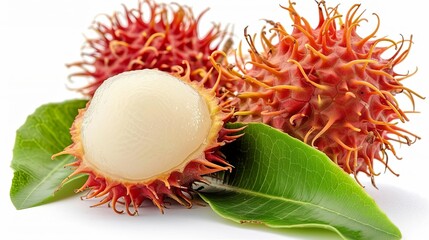 Ripe Rambutan Fruit with Green Leaves on White Background