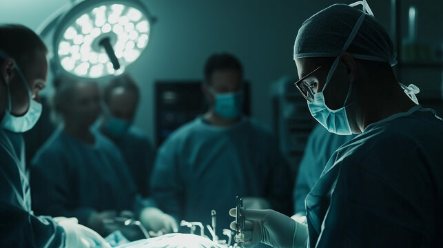 A team of surgeons in blue sterile suits and full face masks are performing surgery in a modern operating room, bright surgical lights illuminate the operating table, Ai generated images