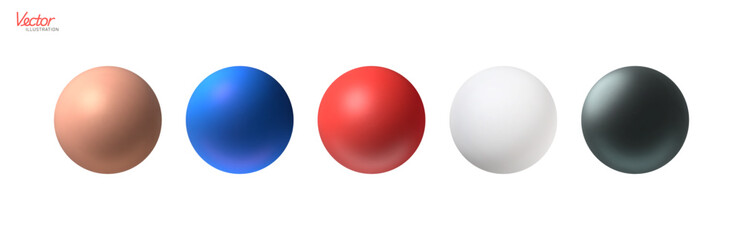 Set of Plain matte Brown Paste Skin Blue Red White Black Color 3D Sphere icon. Ball shape isolated on white background. Plastic Bubble. Simple Orb form. Vector 3D illustration.