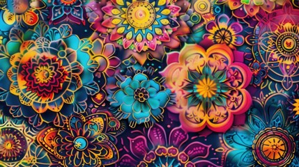 Vibrant floral mandalas showcase intricate designs in a stunning array of colors on a dark backdrop, creating a captivating visual appeal. Generative AI