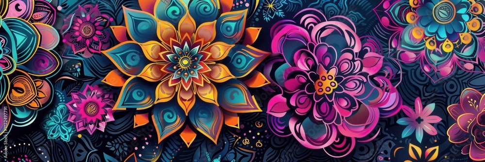 Poster Colorful floral mandalas showcase intricate patterns and vibrant hues, creating a stunning visual experience against a contrasting backdrop. Generative AI