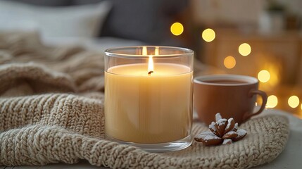 Blank candle glass mockup amidst a setting with modern warm bedroom , serene and stylish