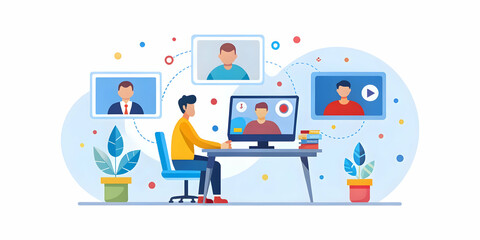 Soft Digital Art of Remote Worker in Shared Virtual Space with Abstract Bokeh Backgrounds - Collaborative Comfort in Tech-Advanced Environment