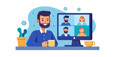 A Man Smiling During a Lively Video Call with Colleagues at His Kitchen Table, Enjoying Remote Collaboration from Home - Candid Stock Photo