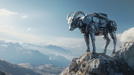 A robotic goat standing at the peak of a rocky mountain, its body composed of rugged metal plates