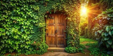 Wooden Door with Ivy in a Lush Garden - High Depth of Field