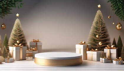 Festive podium with realistic decorations, New Year atmosphere, 3D render realistic.