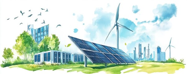 Renewable energy storage solutions flat design side view battery systems watercolor vivid
