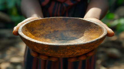 African child's hand holding an empty wooden bowl symbolizes hunger and the need for nourishment, highlighting the importance of food security and compassion in communities