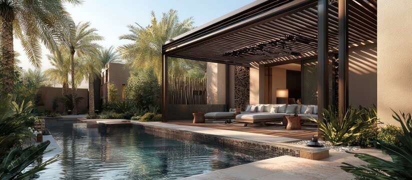 Modern desert pergola with luxurious amenities and integrated water features.