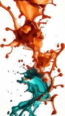 A dynamic splash of orange and teal paint creating a visually striking image.