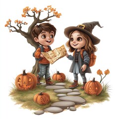 Fototapeta premium Two joyful children explore a whimsical Halloween scene, holding a treasure map among pumpkins and a tree, embodying festive spirit and adventure.