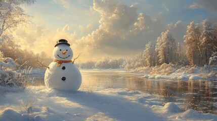 Fototapeta premium A cheerful snowman stands in a snowy landscape, overlooking a frozen river at sunset.