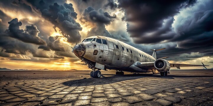 Abandoned Aircraft in Low Light on Arid Airfield - Dramatic Sky and Clouds