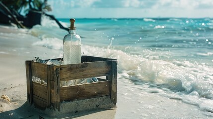 Obraz premium Write about the discovery of a washed-up crate containing vintage perfume bottles on a secluded beach, unraveling the mystery of their origin and the stories they carry.