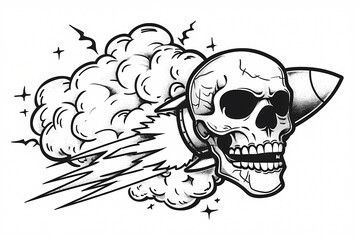 Fototapeta premium A striking black and white illustration of a skull with a rocket, creating an explosive, dynamic effect with clouds and sparks.