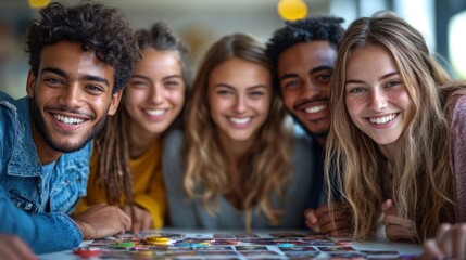 A group of friends smiling while playing a board game together.