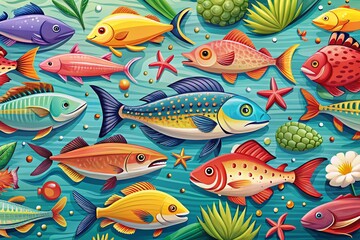 Abstract Cartoon Seafood Illustrations - Hand Drawn Vector Fishes in Flat Style for Creative Projects