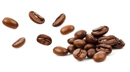 Obraz premium A collection of roasted coffee beans, some scattered, showcasing their rich texture and color.