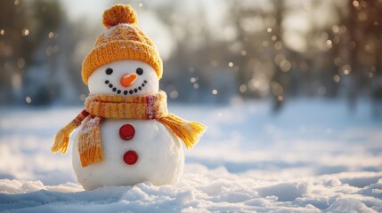 Obraz premium A cheerful snowman with a yellow hat and scarf stands in a snowy landscape with falling snow in the background.