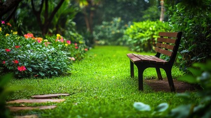 Serene Garden Escape with Wooden Bench Surrounded by Lush Greenery and Blooming Flowers