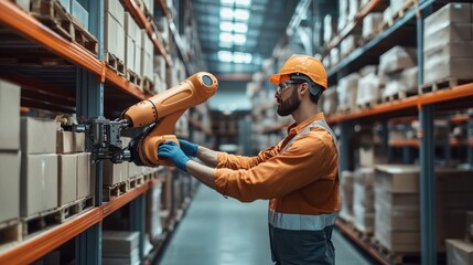 A warehouse worker operates a robotic arm for sorting items in an automated warehouse, highlighting advanced technology and innovation in workflow.