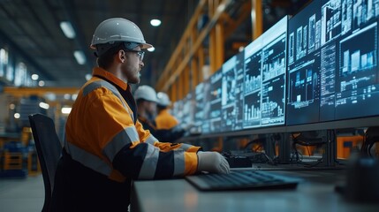 A team of warehouse workers uses a digital dashboard to coordinate tasks, emphasizing collaboration and teamwork in a tech-driven environment.