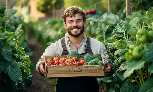 Smiling farmer holding a wooden crate of fresh vegetables in a garden.