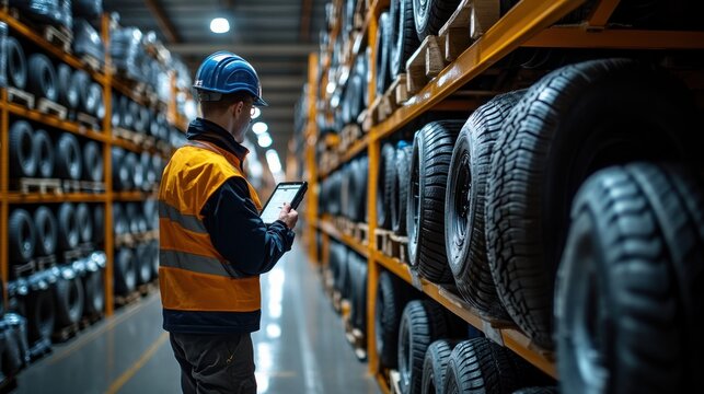 A worker uses a digital inventory system to track tires in a warehouse, showcasing modern technology and efficiency with detailed records.