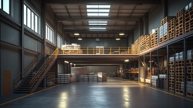 A warehouse interior with mezzanine levels, providing additional storage and a utilized, spacious, and organized layout.