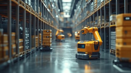 Automated warehouse robots working alongside human operators, representing a collaborative, seamless, and highly productive work environment with advanced automation.