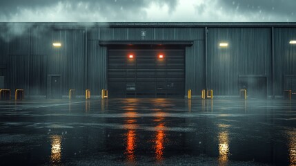 A moody warehouse dock on a rainy day, presenting an atmospheric scene with reflective surfaces and subdued colors.