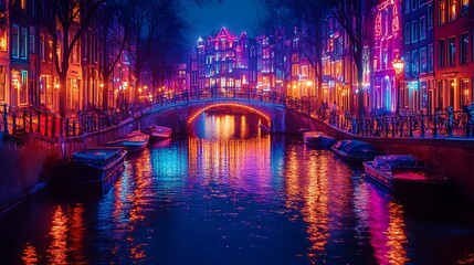 Naklejka premium Amsterdam’s canals at night during the Light Festival, adorned with brilliant light displays arching over the bridges, creating vivid patterns on the water.