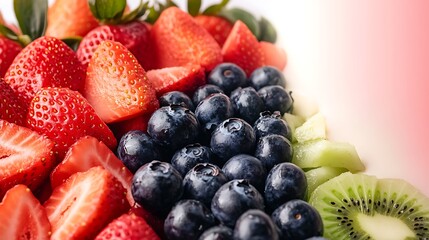 Close-up of fresh strawberries, blueberries, and kiwi slices arranged in a row on a white surface.
