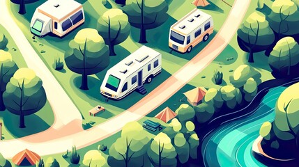 Scenic campsite with RVs and tents by a river.