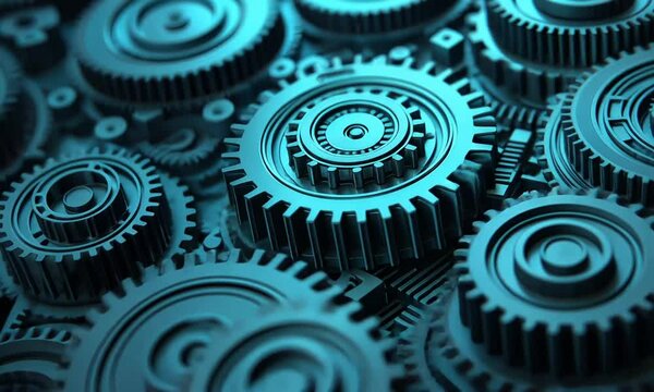 Close up view of a complex mechanical gear system or clockwork mechanism with many intricately designed cogs and components in a deep blue metallic finish 